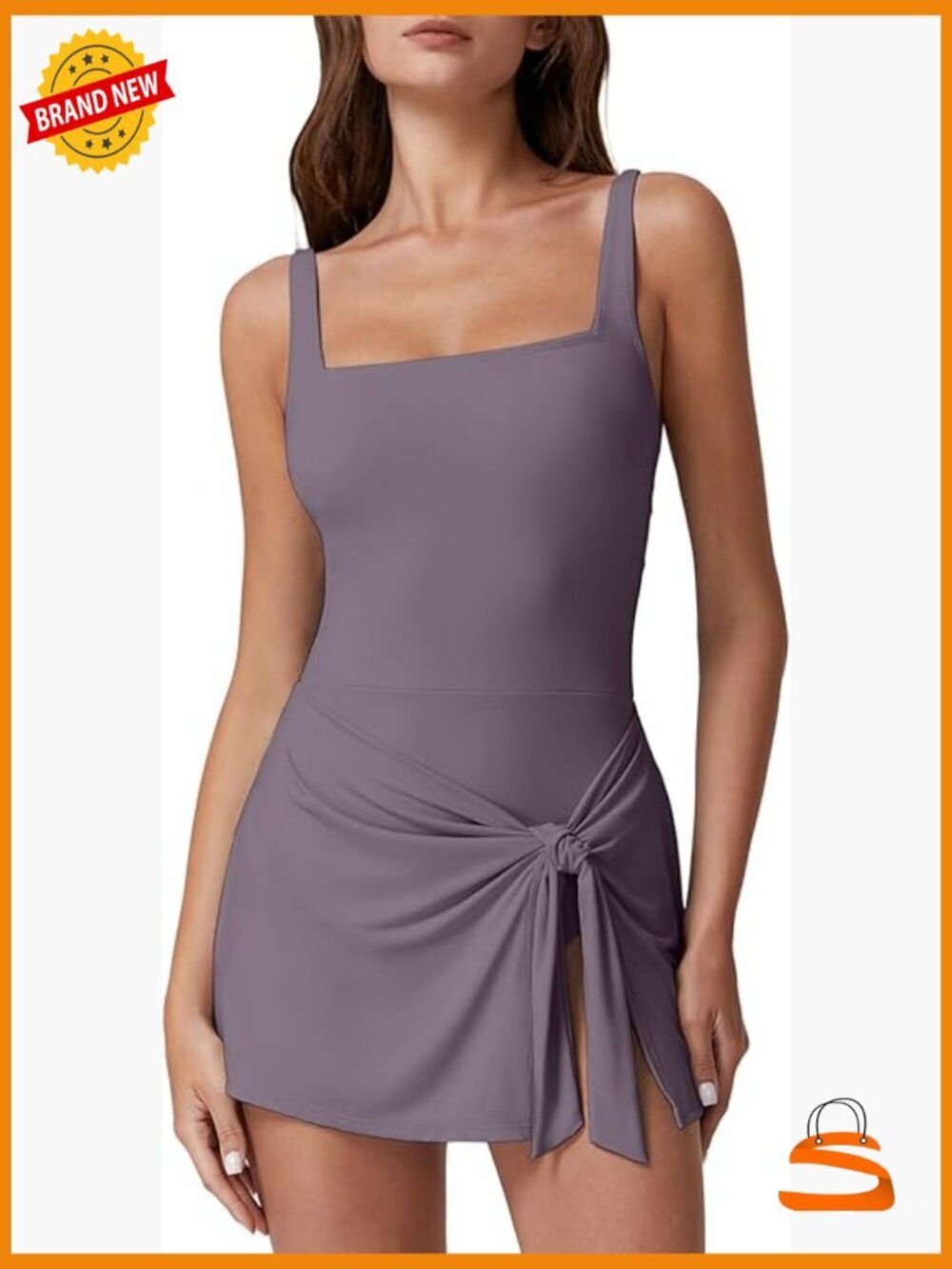 Women's Square Neck One Piece Swim Dress with Wrap Skirt Tummy Control